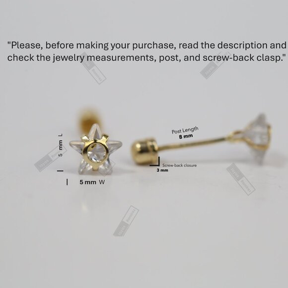 14K Solid Gold Clear Star Stud Earrings • Faceted Crystal Look. - Picture 8 of 8